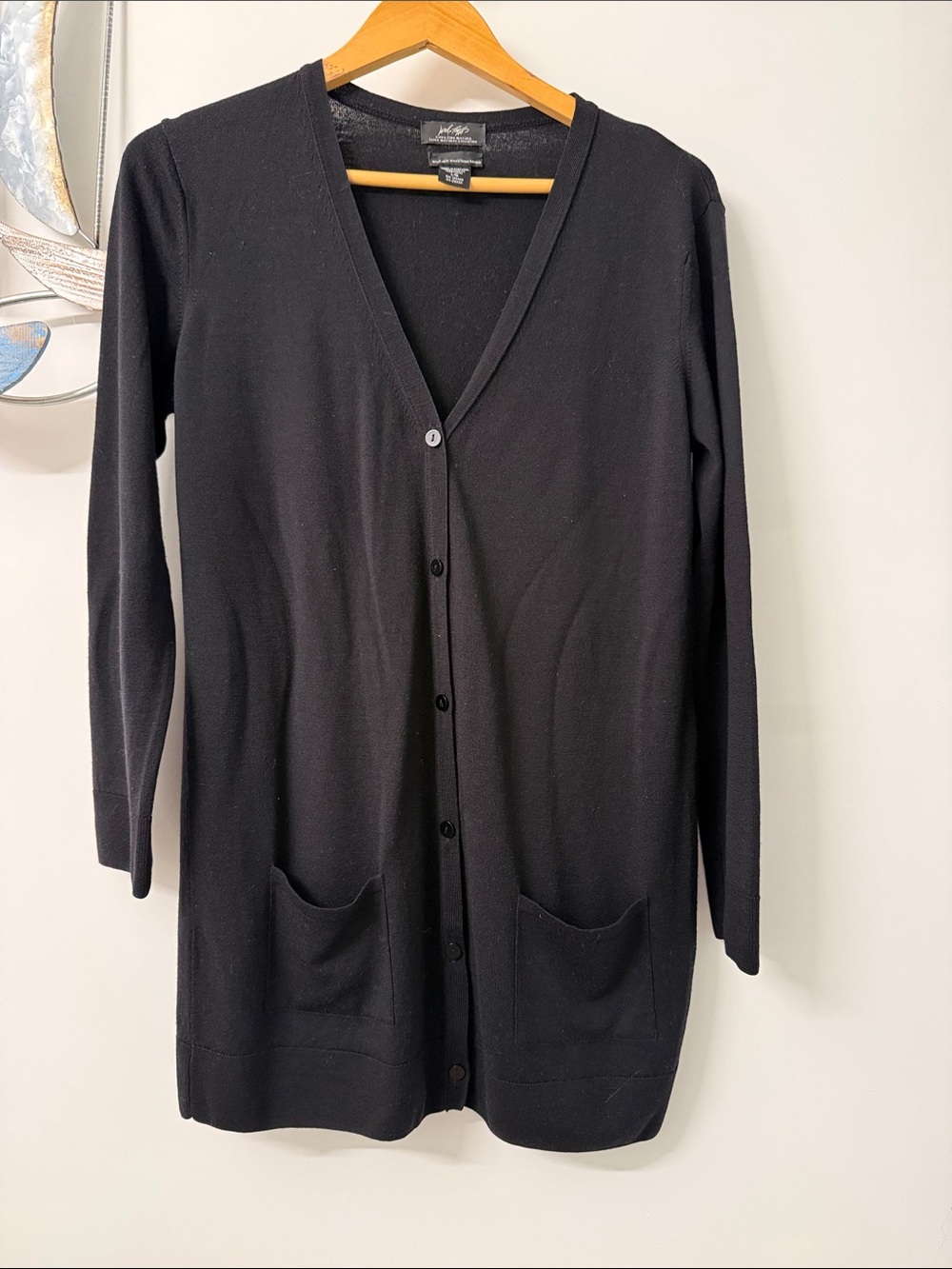Lord & Taylor Black Long V-Neck Button Cardigan